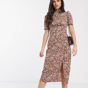 ASOS brown midi tea dress with buttons in floral print